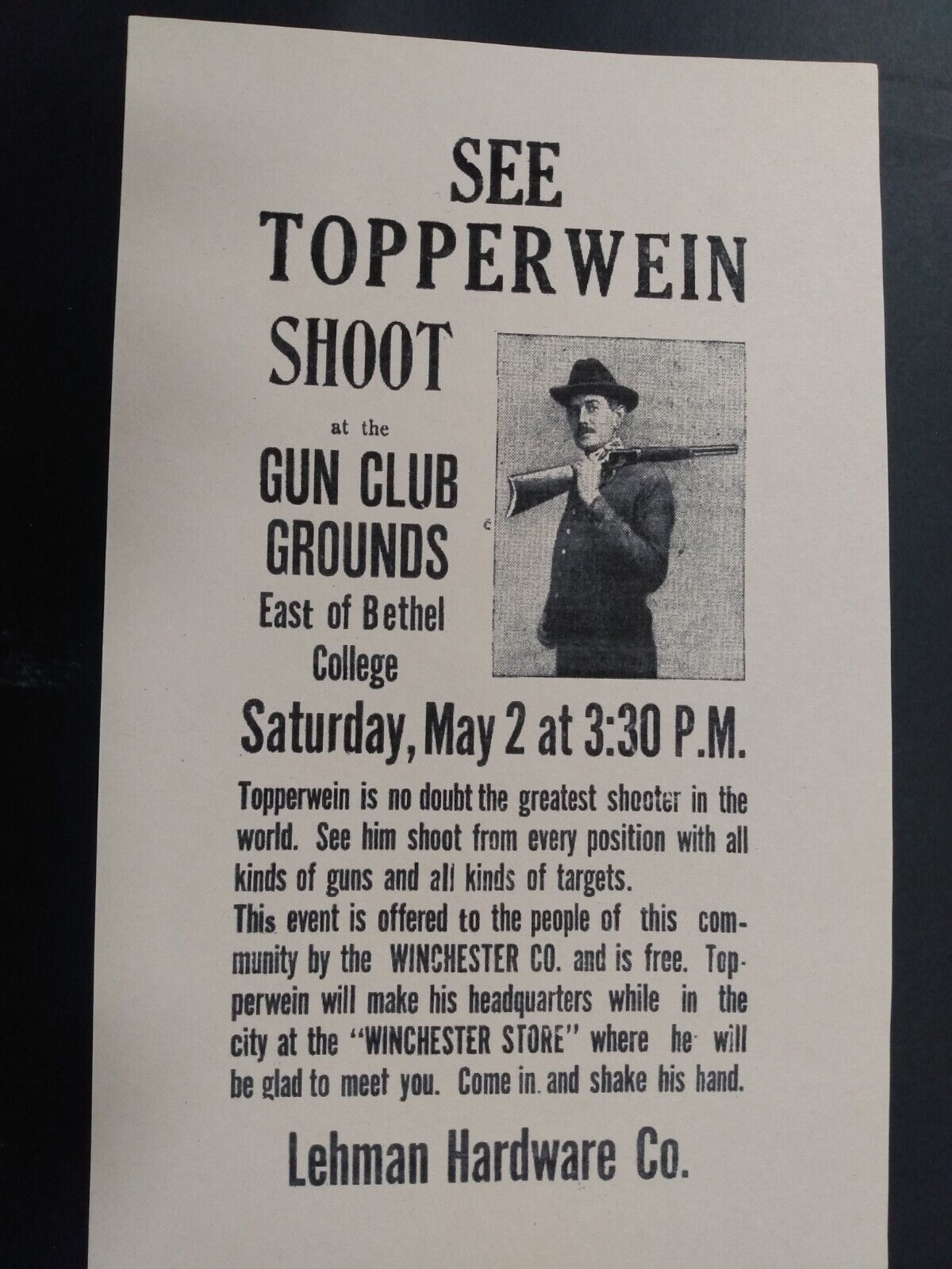 Winchester Gun Co AD Topperwein Gun Shoot 1900s
