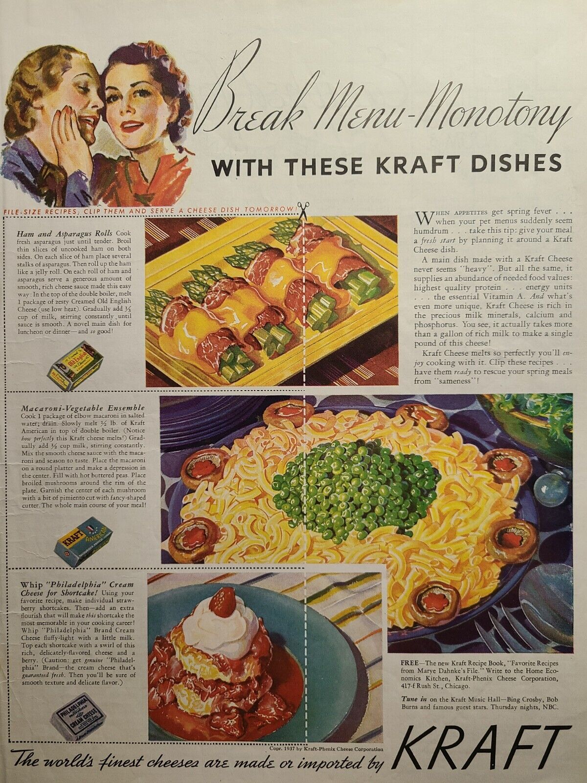 Vintage Print Ad 1937 Kraft Cheese Old English American Philadelphia Cheesy Dish