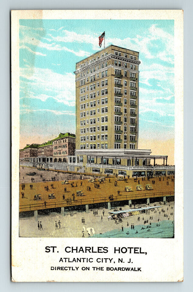 c1923 DB Postcard Atlantic City NJ St Charles Hotel Beach Boardwalk