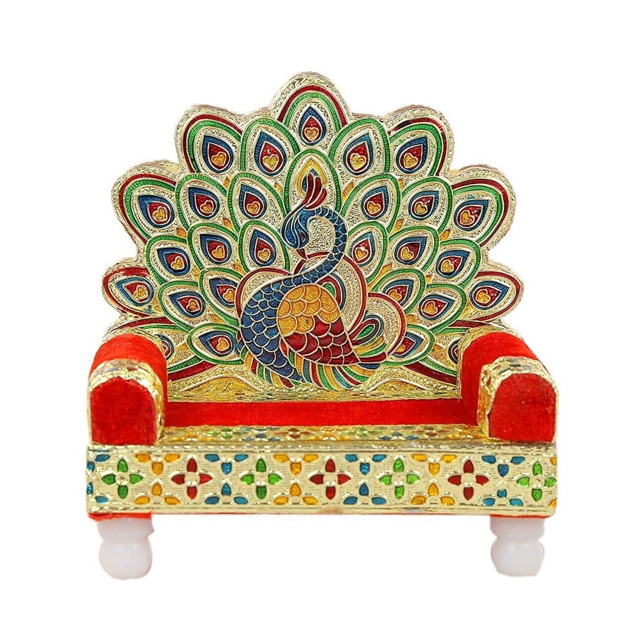 Handcrafted Wooden Laddu Gopal Singhasan Meenakari Peacock Design Divine Pooja