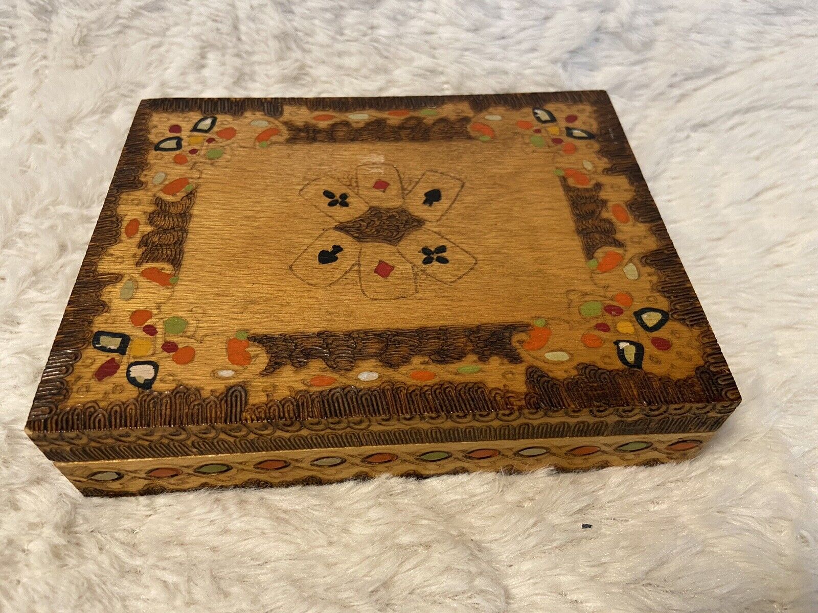 VTG Hand Made  WOODEN PLAYING CARD BOX, WITH VTG cards, MADE IN BULGARIA