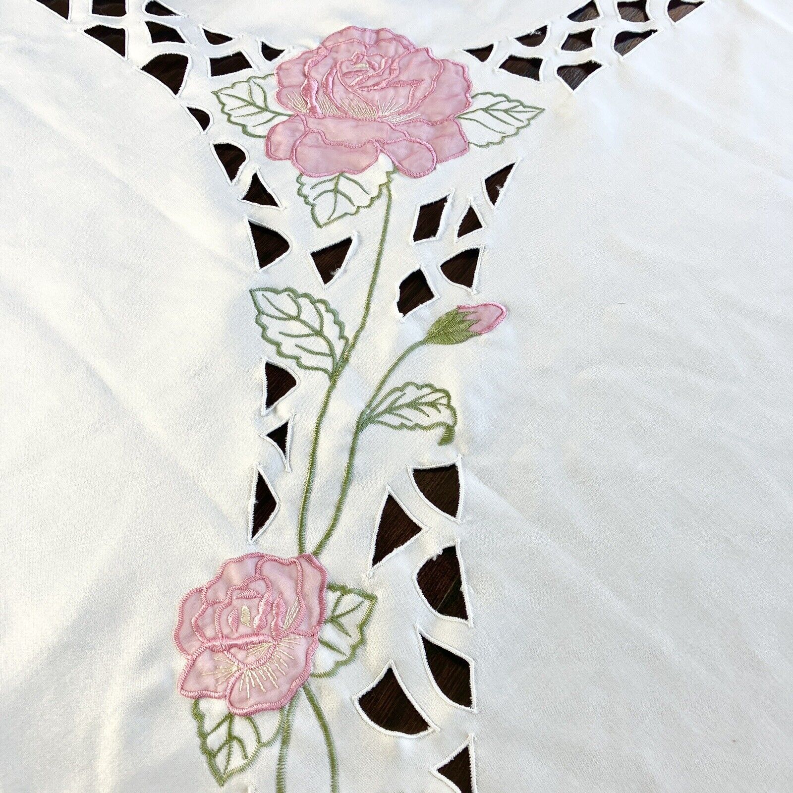 Vtg 60s Pink Rose Embroidered Appliqué Large Tablecloth Heavy Cottage Core
