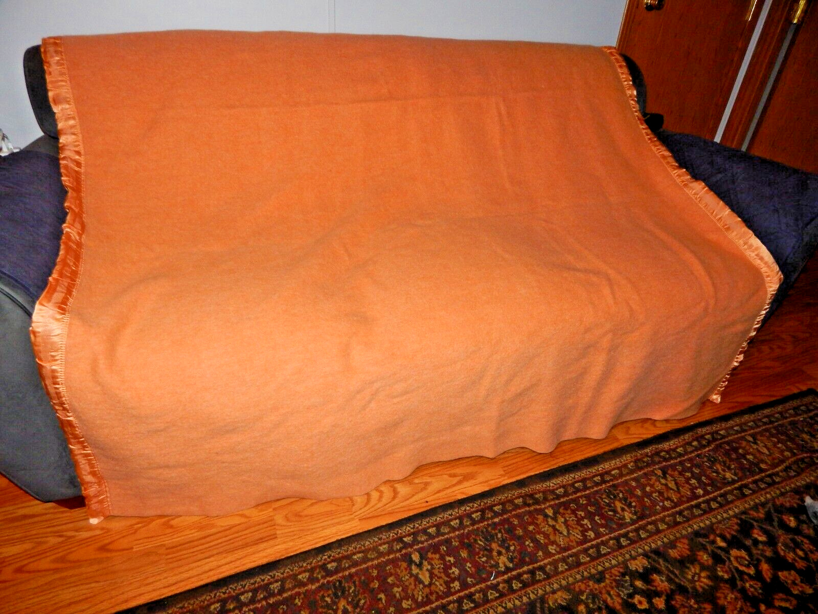 Vintage Kenwood Arondac 100% wool orange satin trim blanket excellent 64