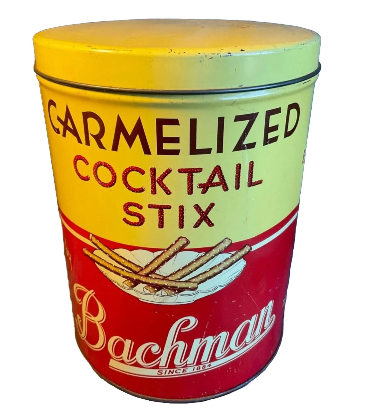 Vintage Bachman Caramelized Cocktail Sticks Tin Metal Cannister Advertisement 8\