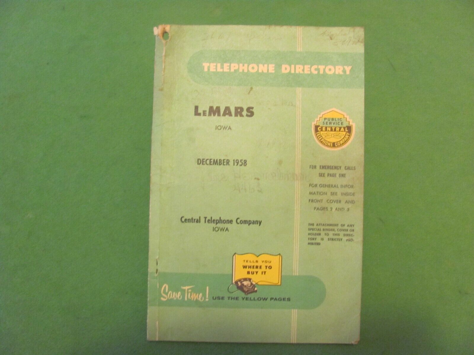 Vintage LEMARS IOWA December 1958 Telephone Directory Booklet.