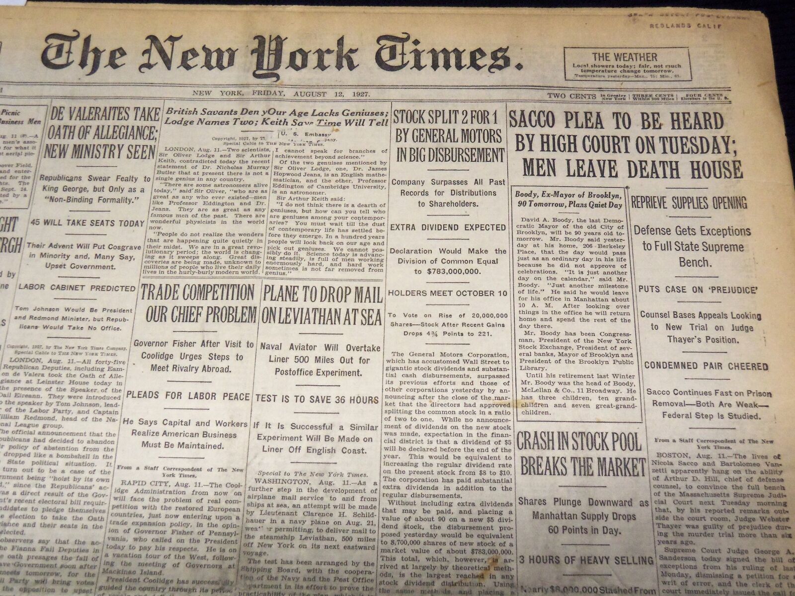 1927 AUGUST 12 NEW YORK TIMES NEWSPAPER - SACCO PLEA TO BE HEARD - NT 9558