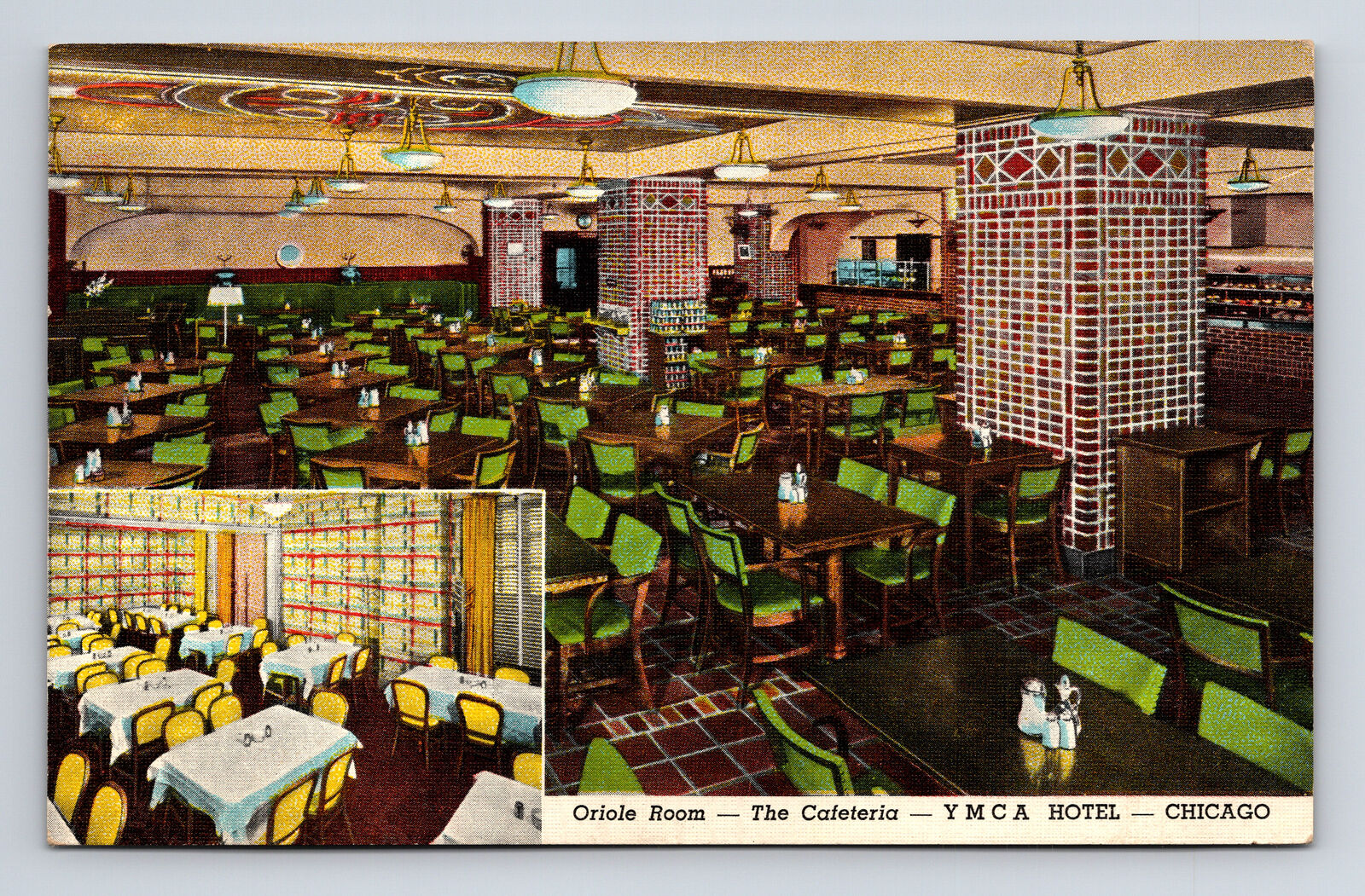 YMCA Hotel Interior Oriole Room Cafeteria Chicago Illinois IL Postcard