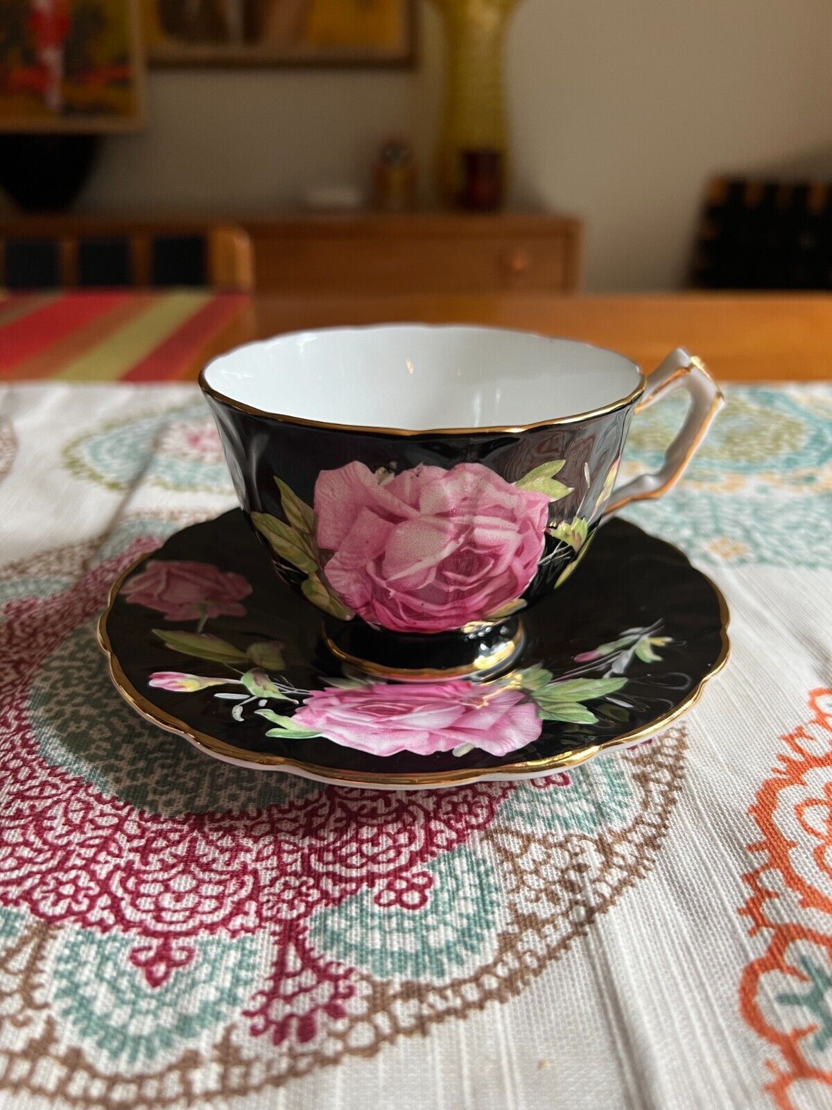 AYNSLEY footed cup & saucer bone china black pink cabbage rose gold trim 765788