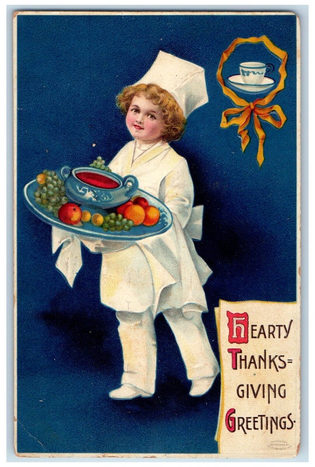 1910 Thanksgiving Greetings Chef Serving Fruits Clapsaddle Embossed Postcard