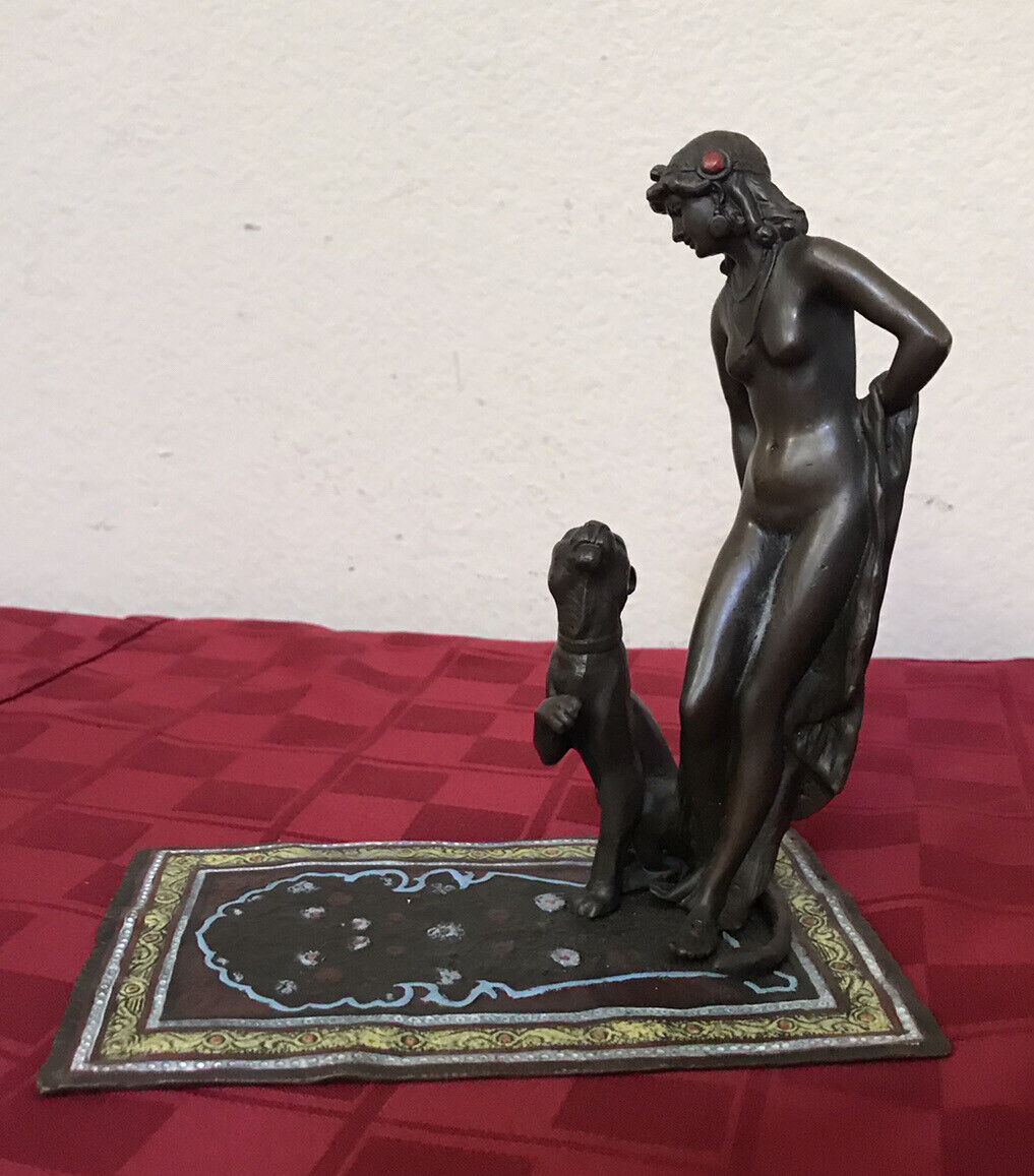 Antique Cold Painted Vienna Bronze Bergman Woman Panther Islamic Rug Carpet