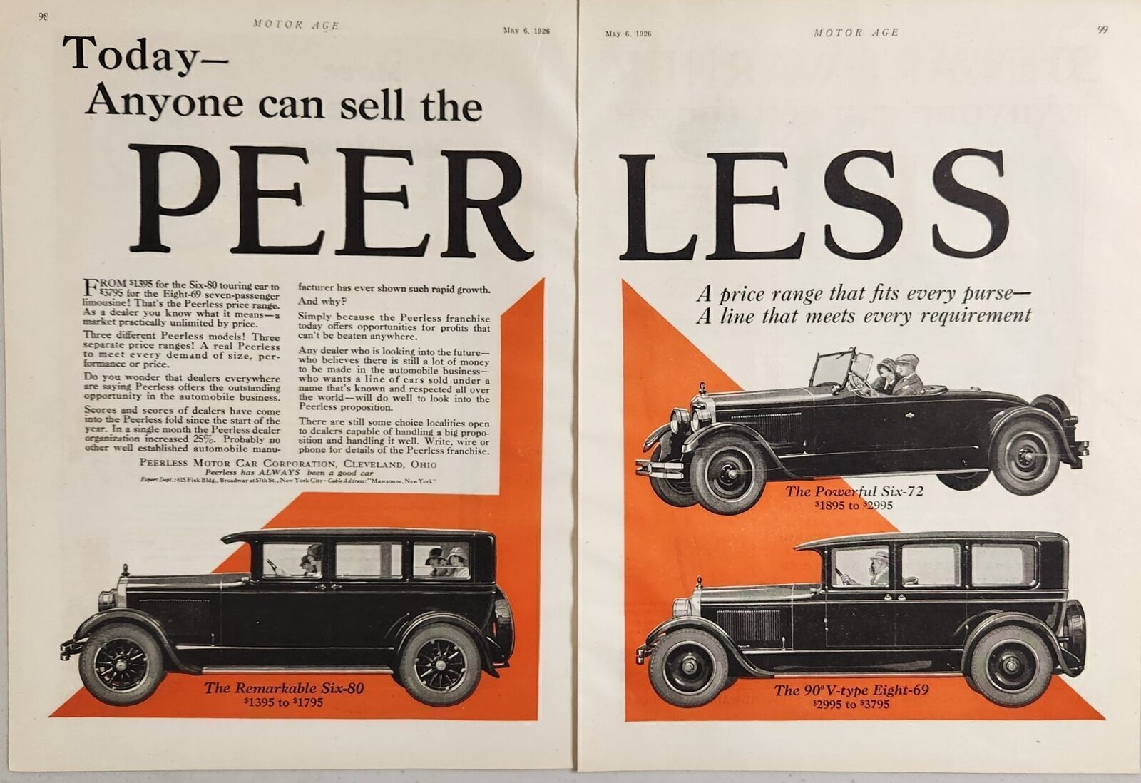 1926 Print Ad Peerless Motor Cars 3 Models Shown Made in Cleveland,Ohio