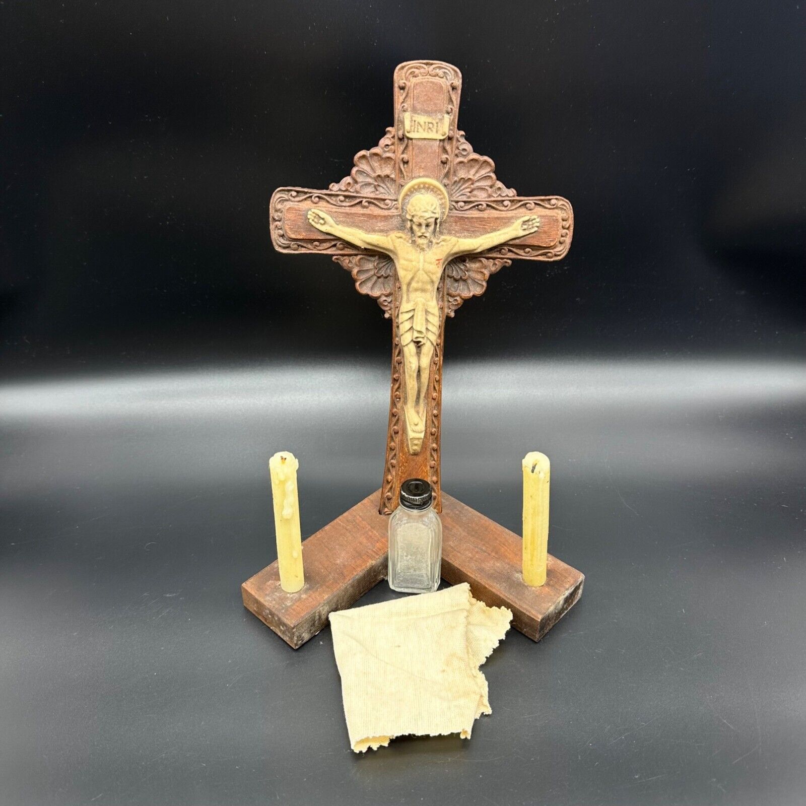 Vintage Italian Last Rights Holy Water Crucifix Set 1940s Carved Religious