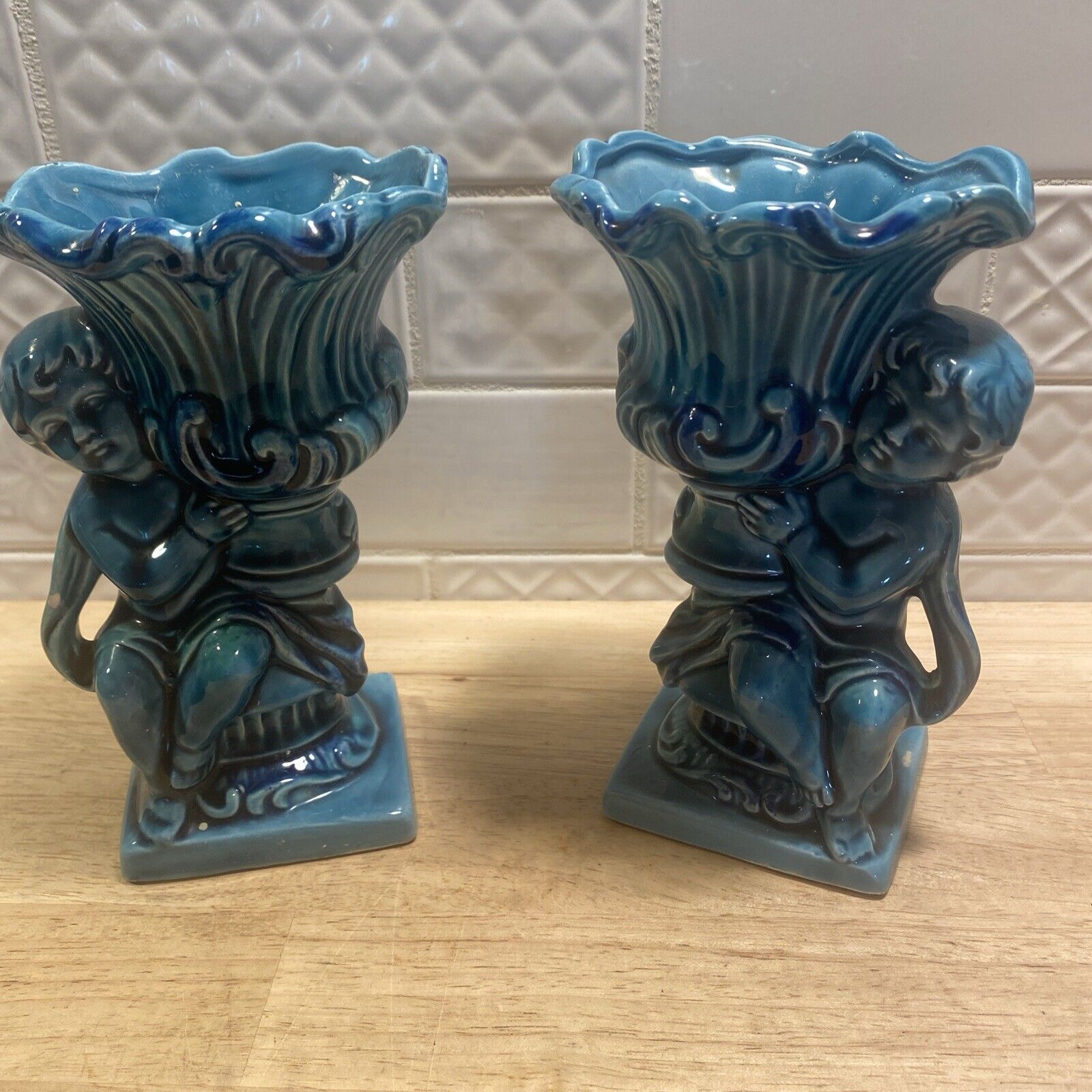 Set/2 – MCM Vintage Turquoise Blue Glazed Ceramic Cherub & Pot Vases Figurines