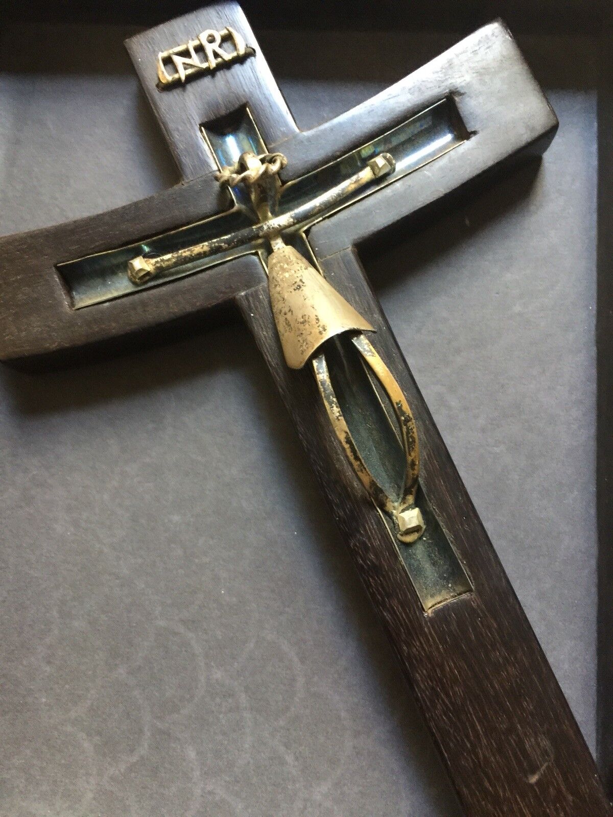 Vintage Modernist Mexico Sterling Silver and Wood Cross Crucifix 6 1/4 X 4 1/4