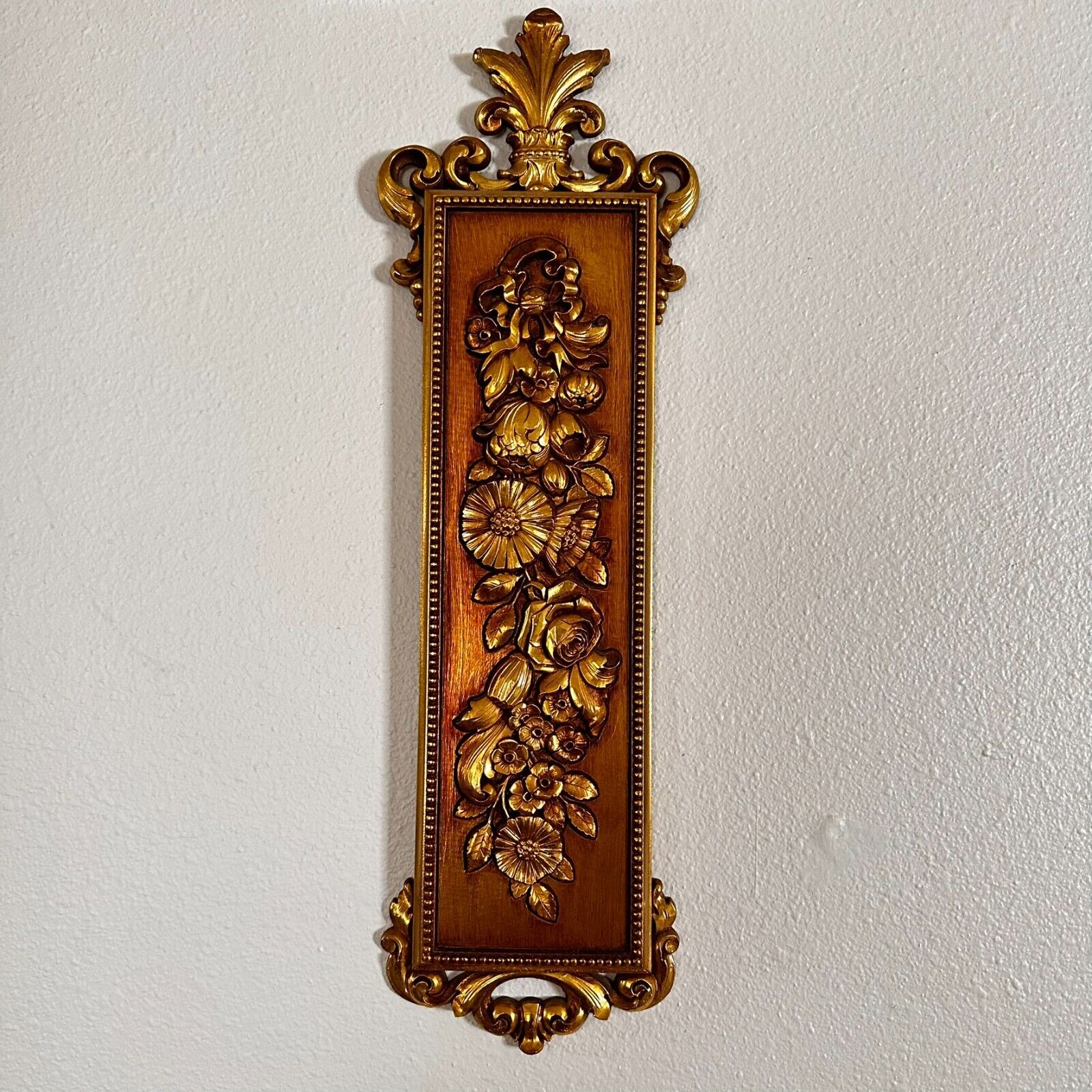 Vintage MCM Syroco Ornate Wall Plaque Floral Gold Accent Baroque Decor