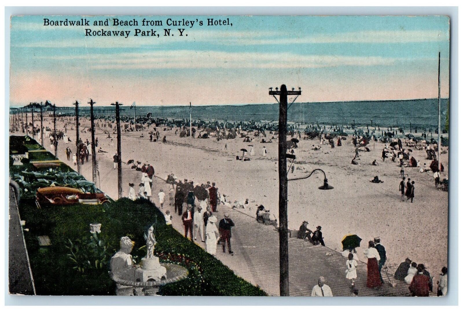 1917 Boardwalk Beach Curley\'s Hotel Restaurant Classic Cars Rockaway NY Postcard