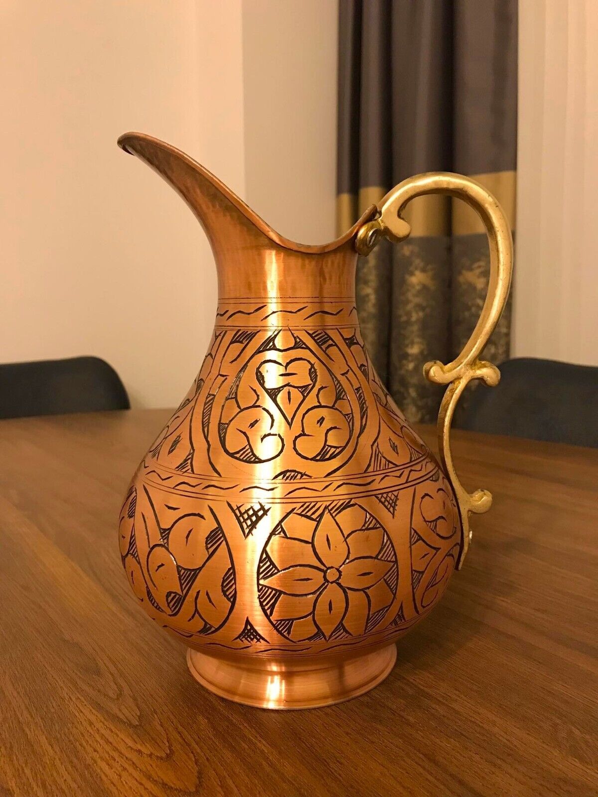Engraved Solid Unlined Traditional %100 Handmade Hammered Copper Water Pitcher