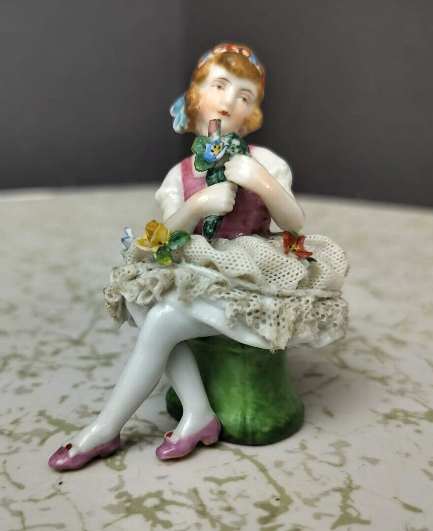 Antique Irish Dresden Lace Porcelain Miniature Figurine, Girl w/flower, 3