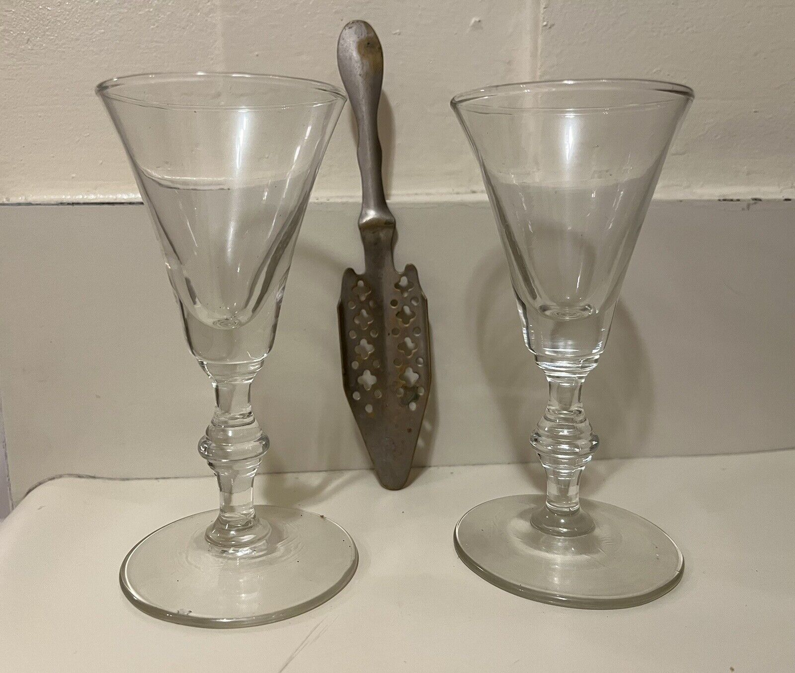 Vintage Absinthe 2 Glasses and Spoon set Silver Glass 1970s French Cross