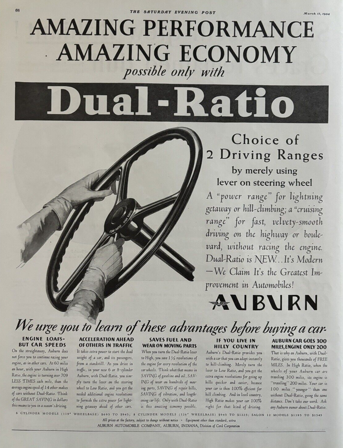 1934 Auburn Automobiles Steering Wheel Dual-Ratio Indiana Cord Corp VTG Print Ad