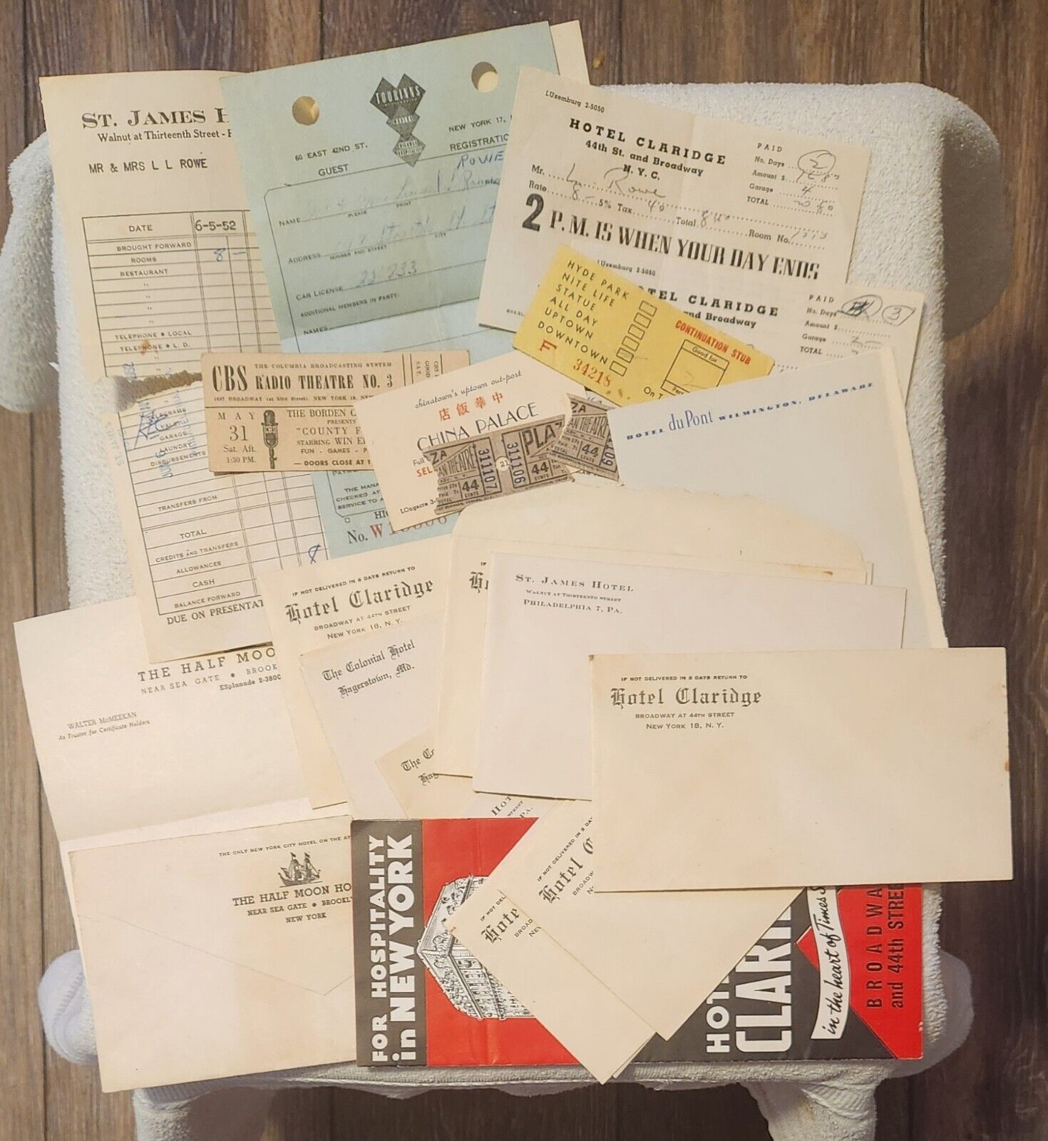 Vintage Lot of 26 Papers 1952 Receipts Stationary Ticket Stubs NYC Hotels