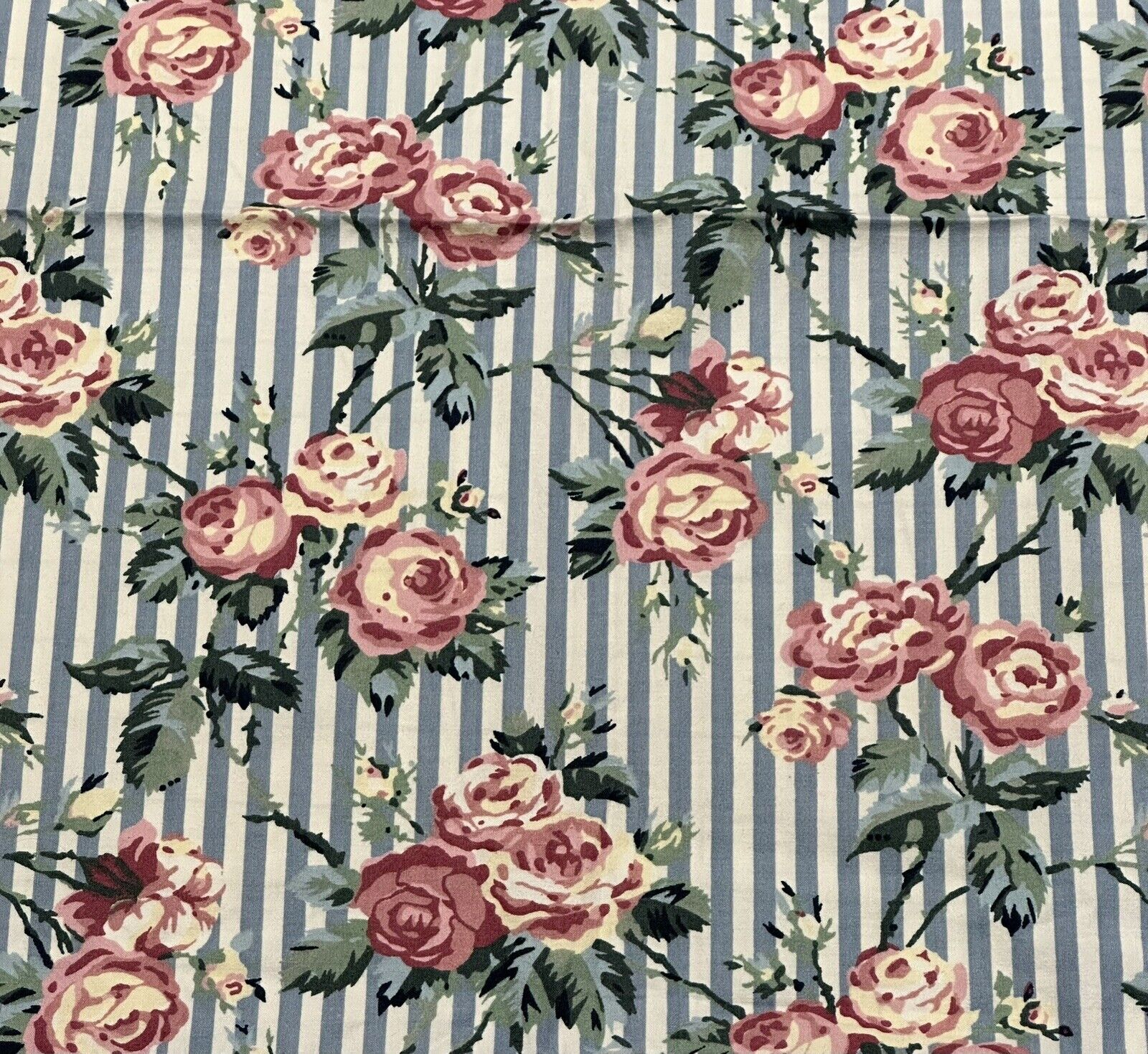 Vintage Square 42” Cotton Tablecloth Pink Roses Blue Stripes Cottage Card Table