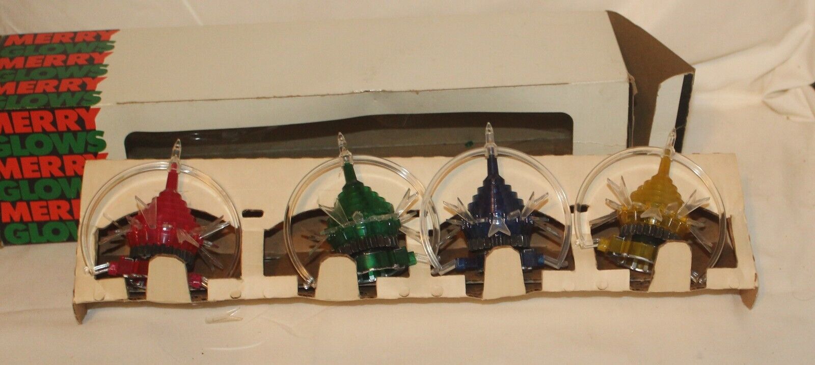 Vtg MERRY GLOW Sputnik Atomic Star Christmas Tree Light Set of 4 Cover Ornaments
