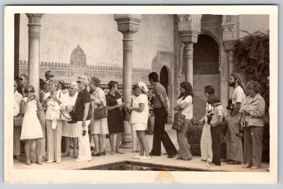 Group of People Tourists Waiting in Line c1960 RPPC Real Photo Postcard