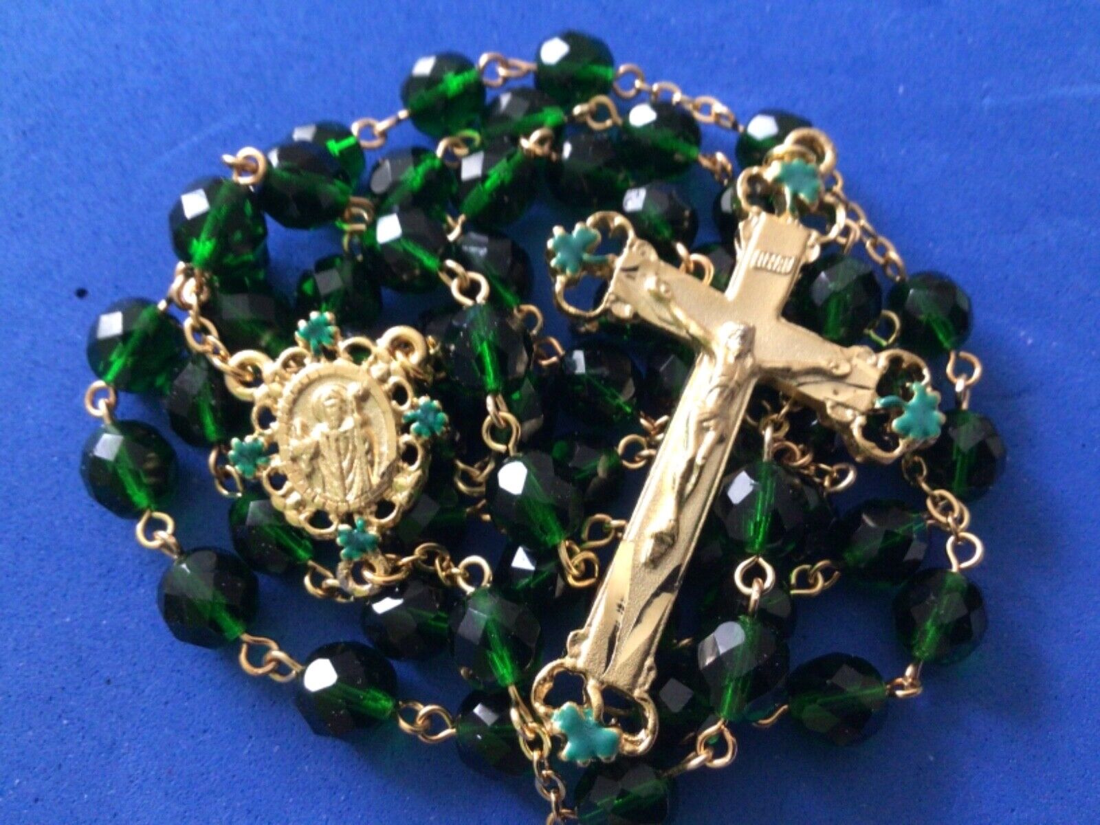 St Patrick Irish Rosary CZECH Glass Crystal Gold Plated Shamrocks Handmade 8mm 
