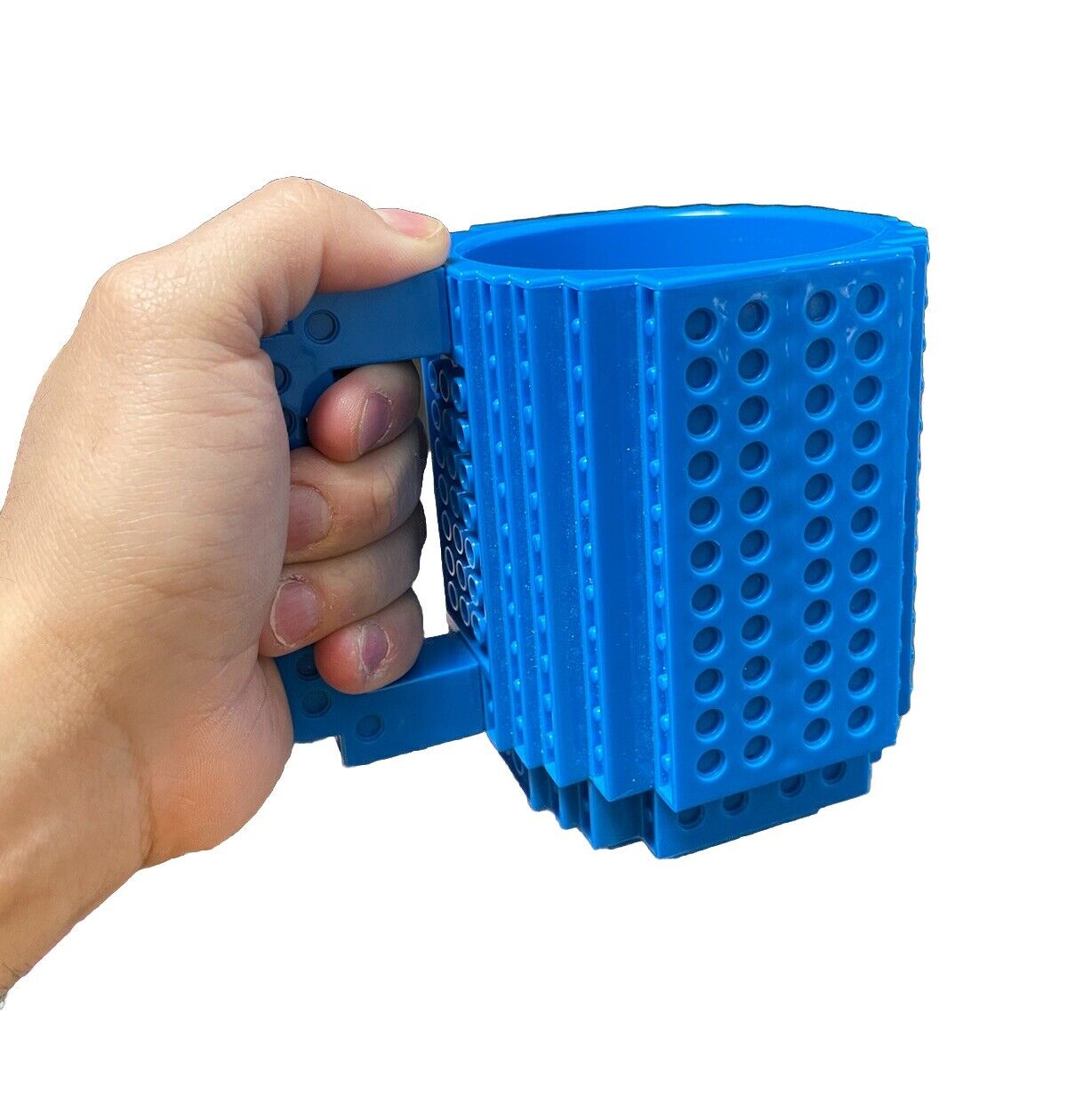 Blue Lego Cup, coffee mug. Fits lego pieces while drinking