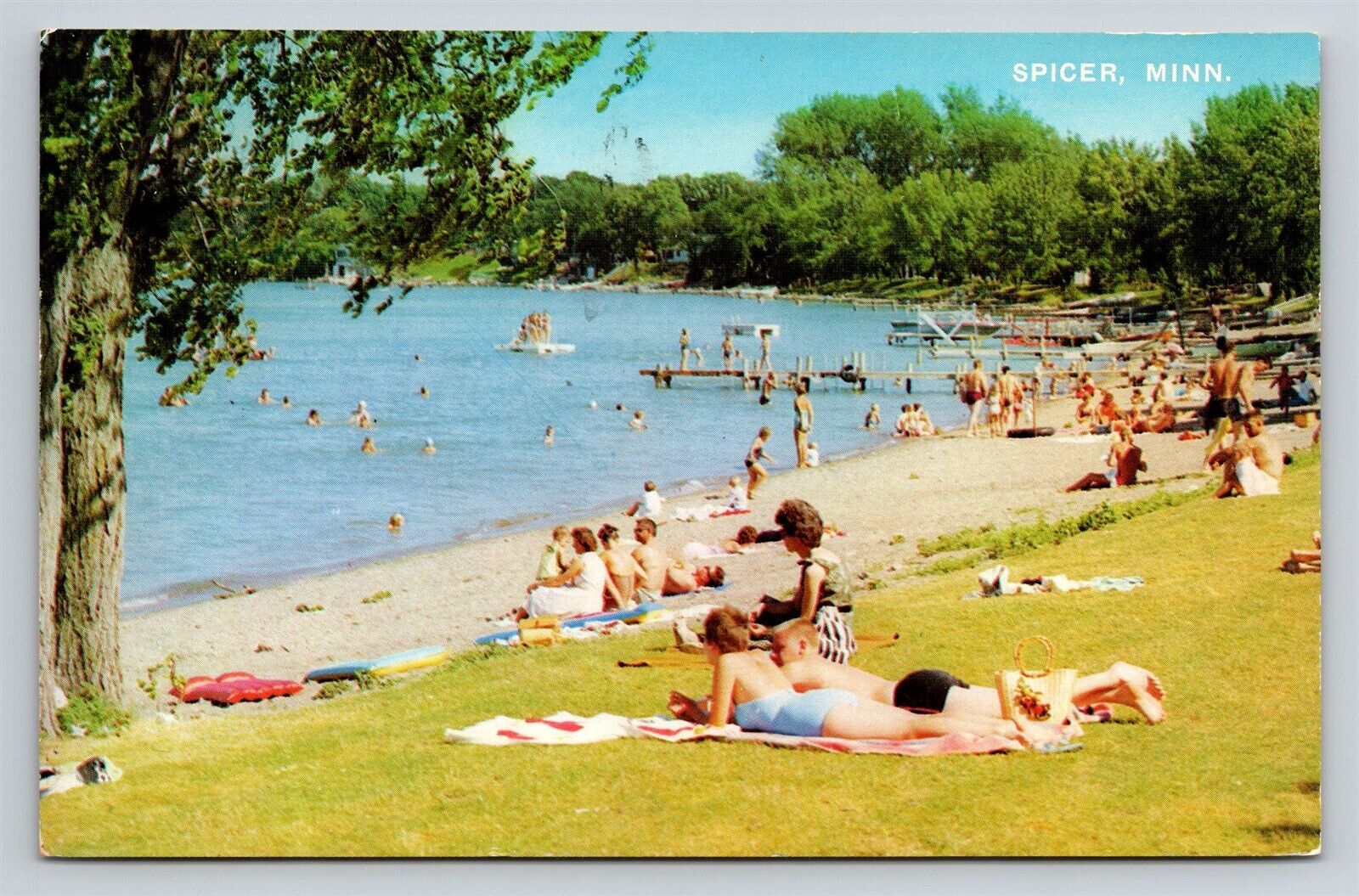 Spicer MN Public Bathing Beach Green Lake Sun Bather Swimming Vtg Postcard 1960s