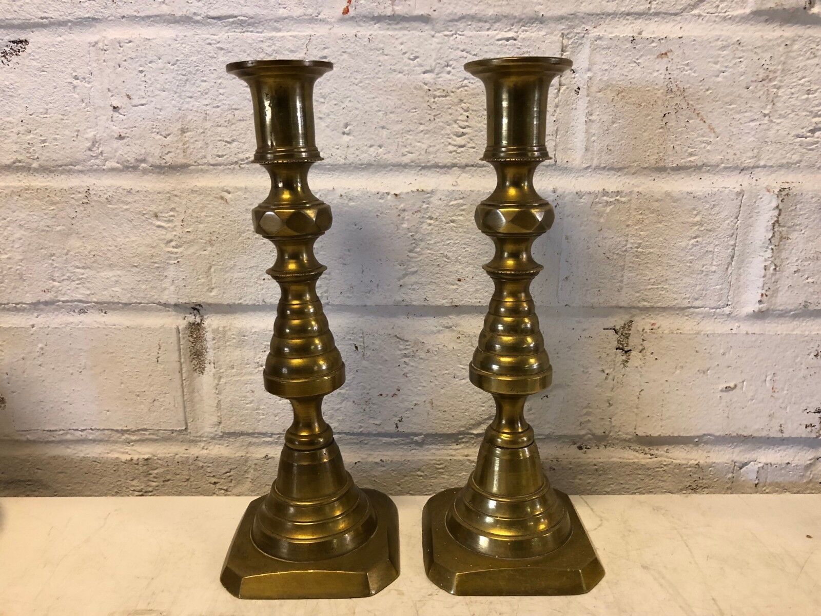 Ant 19th Century Pair of Brass Victorian Diamond & Beehive Style Candlesticks