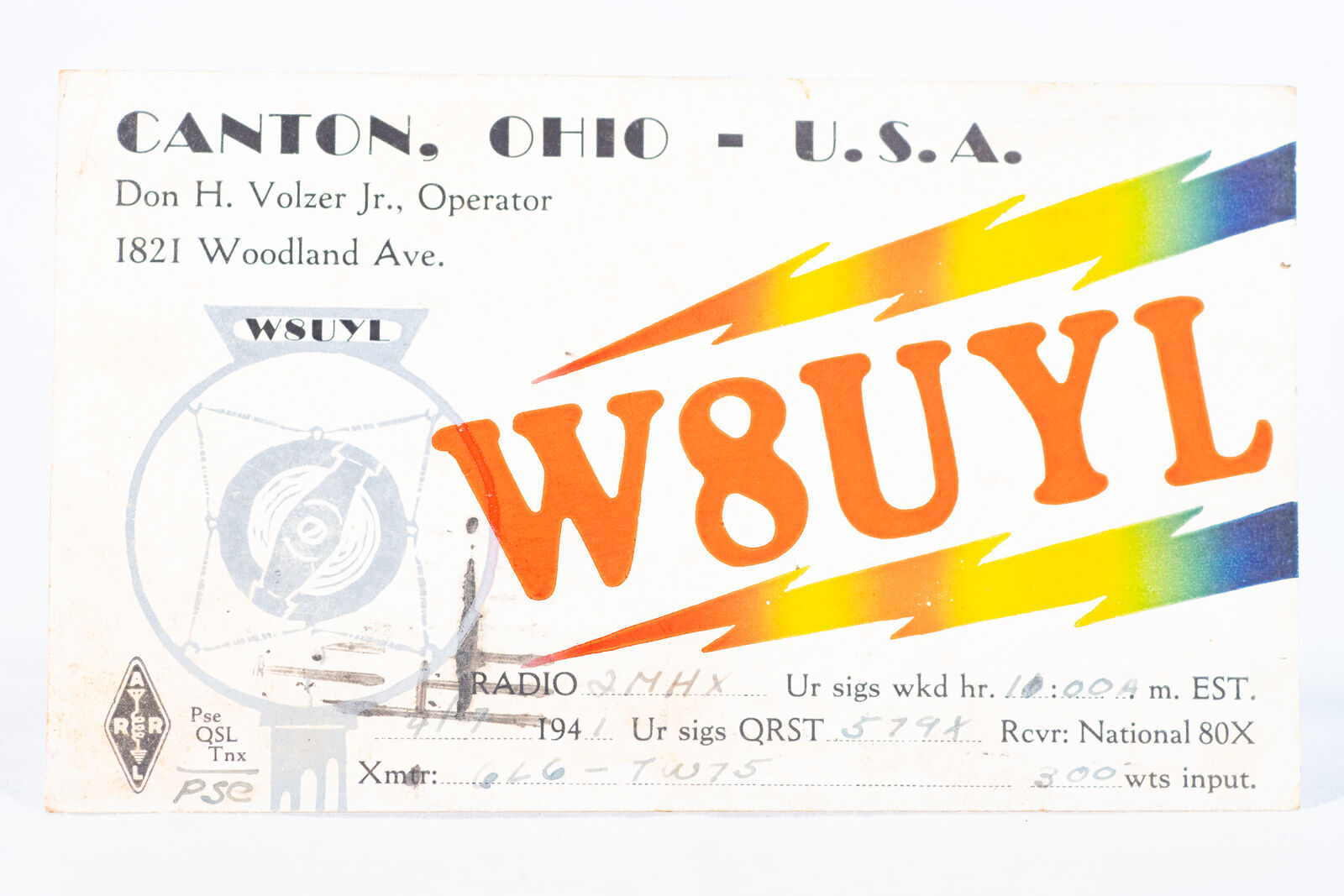 1941 Amateur Ham Radio QSL Card Canton Ohio W8UYL Don Volzer