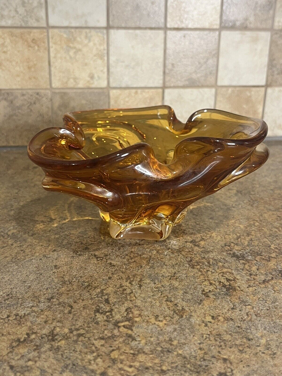 Vintage Mcm Art Glass Cigar Ashtray Chalet Amber Trinket Dish Bowl Mad Men 