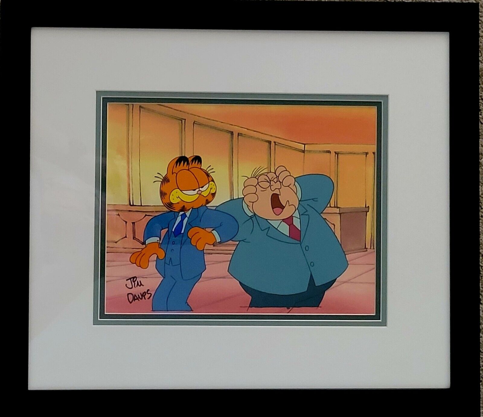 Jim Davis Autographed Garfield Original Hand Painted Production Cel Framed
