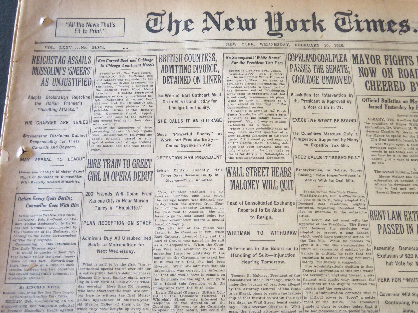 1926 FEBRUARY 10 NEW YORK TIMES - REICHSTAG ASSAILS MUSSOLINI\'S SNEERS - NT 6607