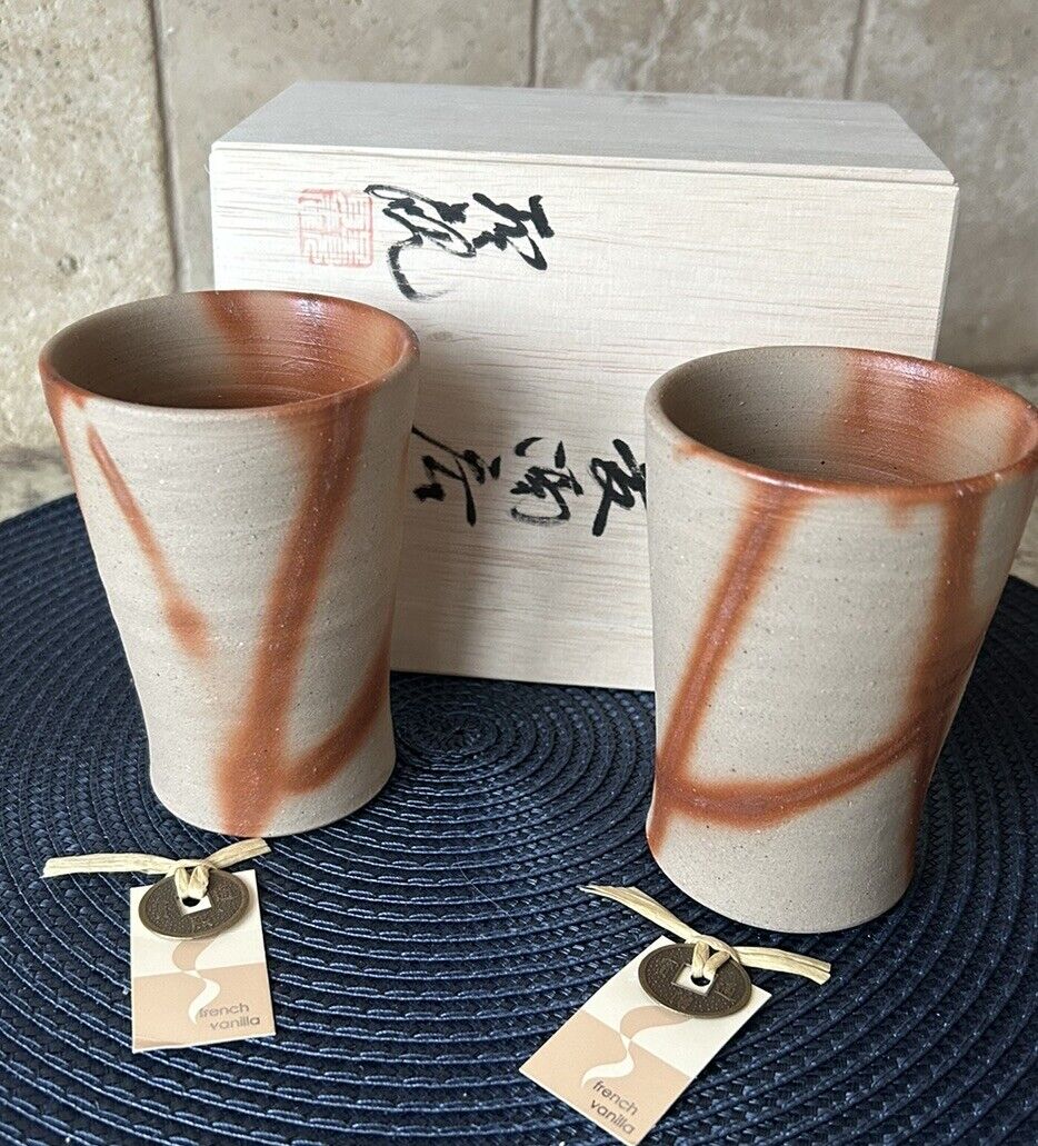 Hidasuki Bizen Ware Pottery -Beer -Coffee Tea Mug Set -Hozan Original Packaging