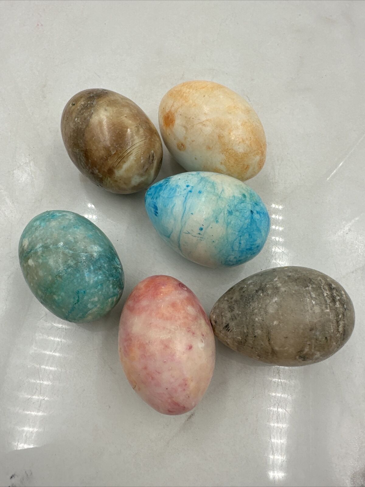 Vintage Alabaster Colored Marble Granite Stone Easter Eggs - Lot of 6