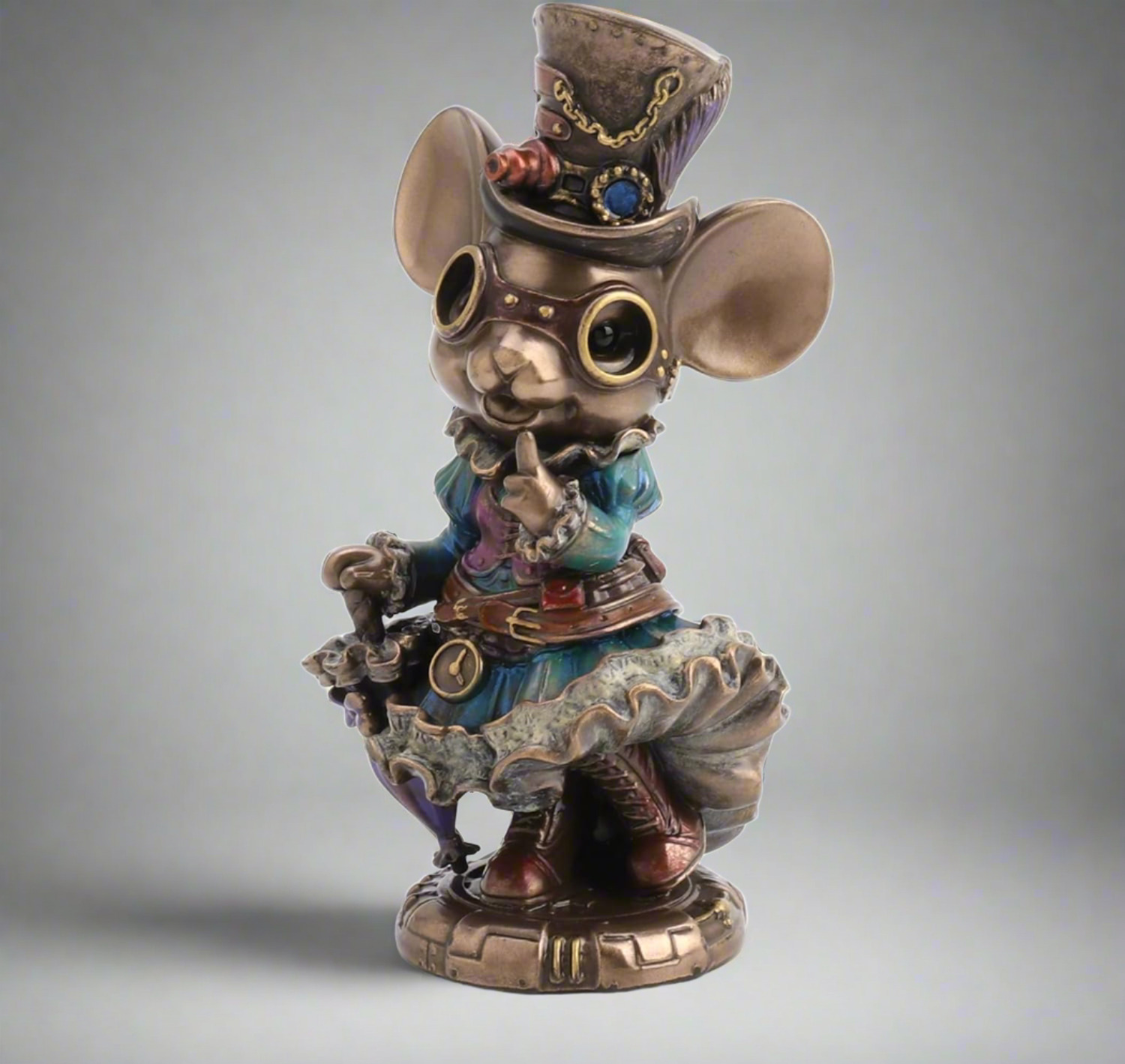 Victorian Steampunk Mouse Statue - Lady Mouse with Parasol, Detailed Decor