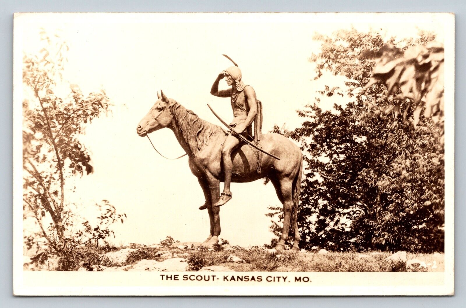 RPPC Scout Native American On Horse Statue KANSAS CITY MO VINTAGE Postcard DOPS