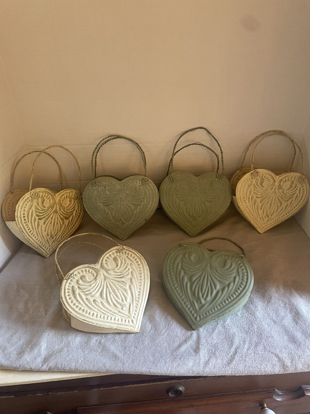 Vntg Lot Of 6 Metal Cream & Green Relief Heart Basket w/ Handles: 9.75” Hx 6.5”