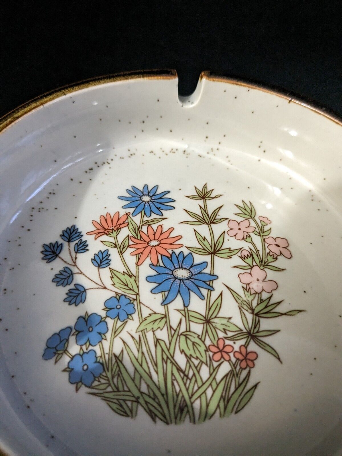Vtg 1970's Stoneware Ashtray Speckled Floral Wildflowers Trinket Dish