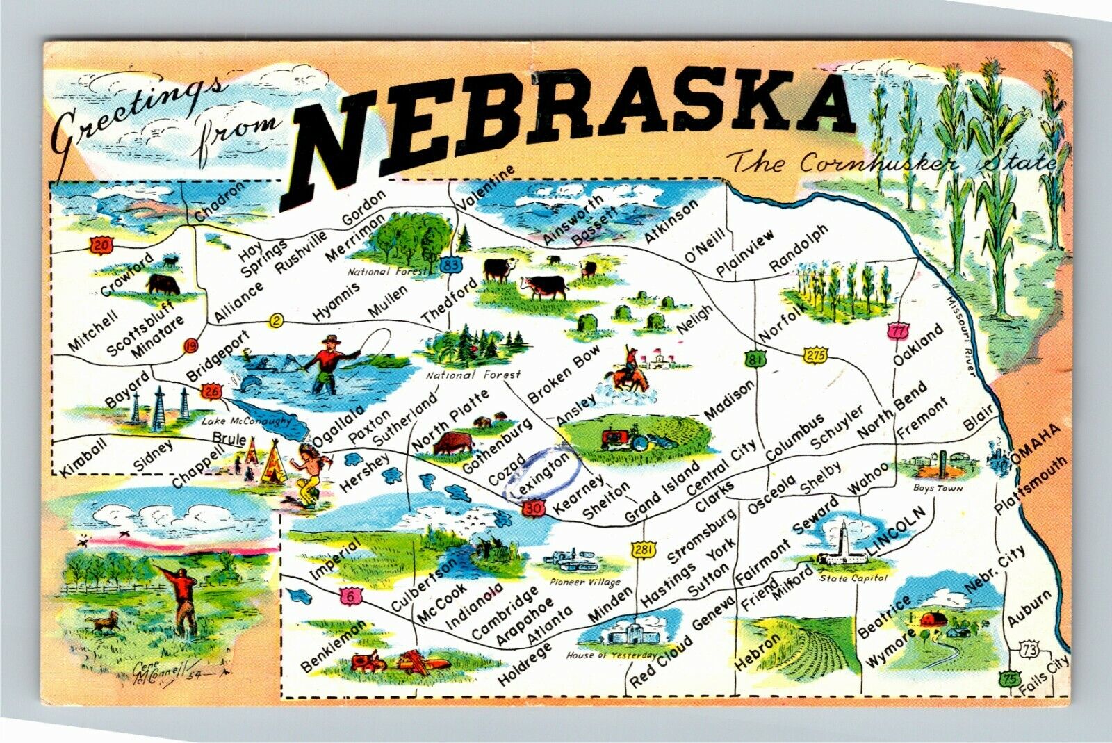 NE-Nebraska, The Cornhusker State, Map, Vintage Postcard