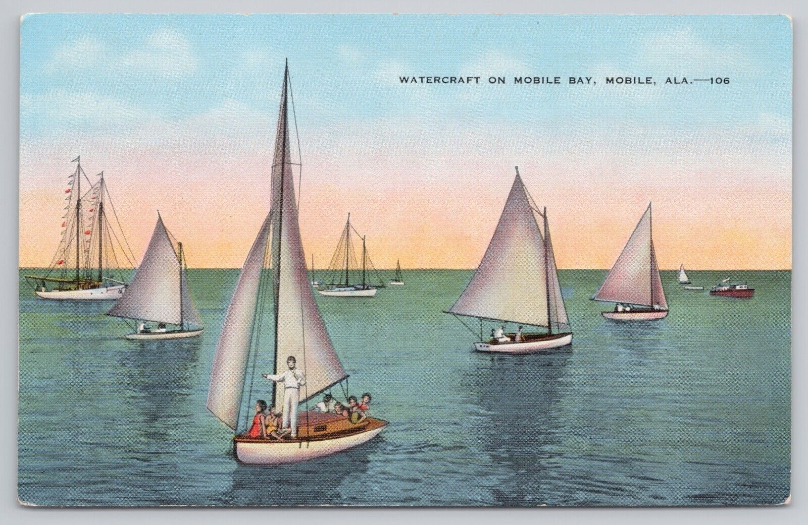 Postcard Watercraft on Mobile Bay, Mobile, Alabama Vintage Sailboats