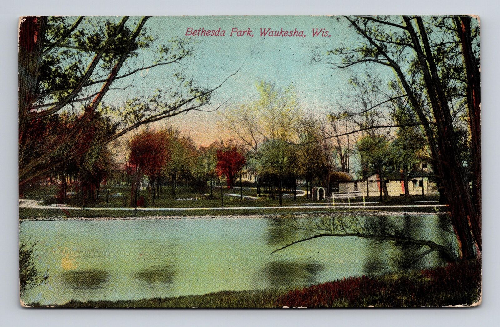 Postcard Waukesha WI Wisconsin Aemergraph Bathesda Park Lake