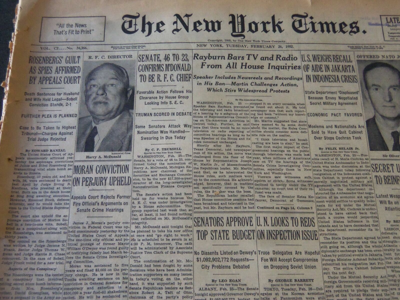 1952 FEB 26 NEW YORK TIMES ROSENBERGS GUILT AS SPIES AFFIRMED BY COURT - NT 5990