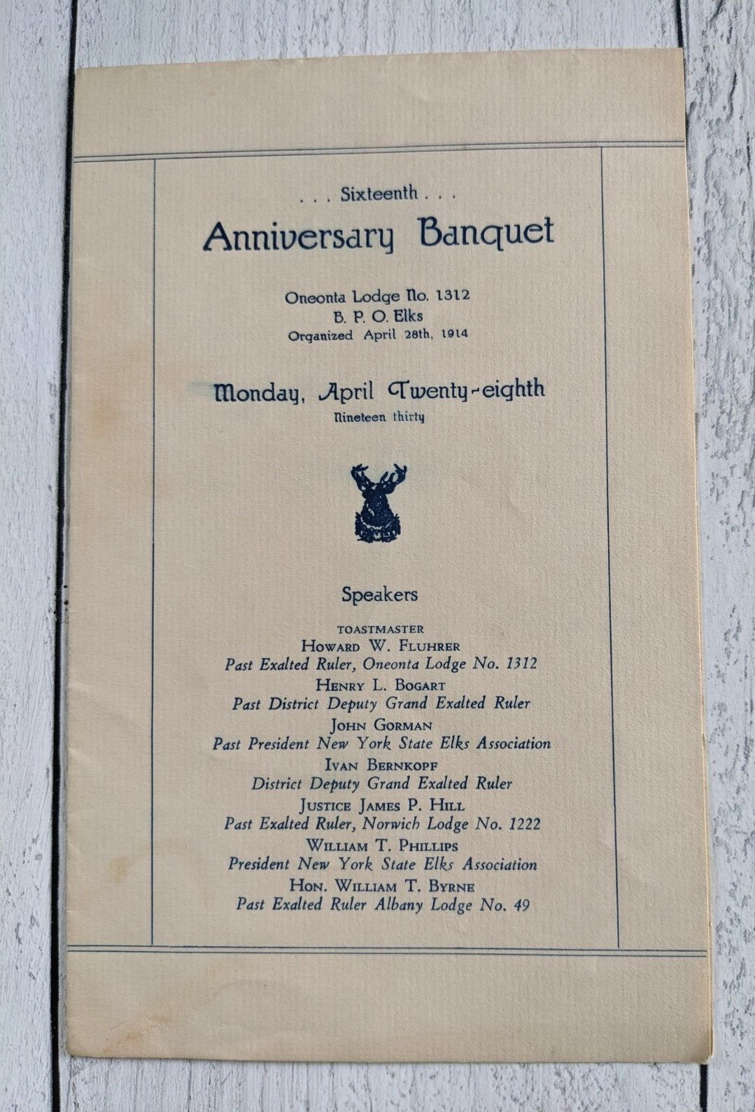 1930 Oneonta Elks Lodge 16th Anniversary Banquet Program 