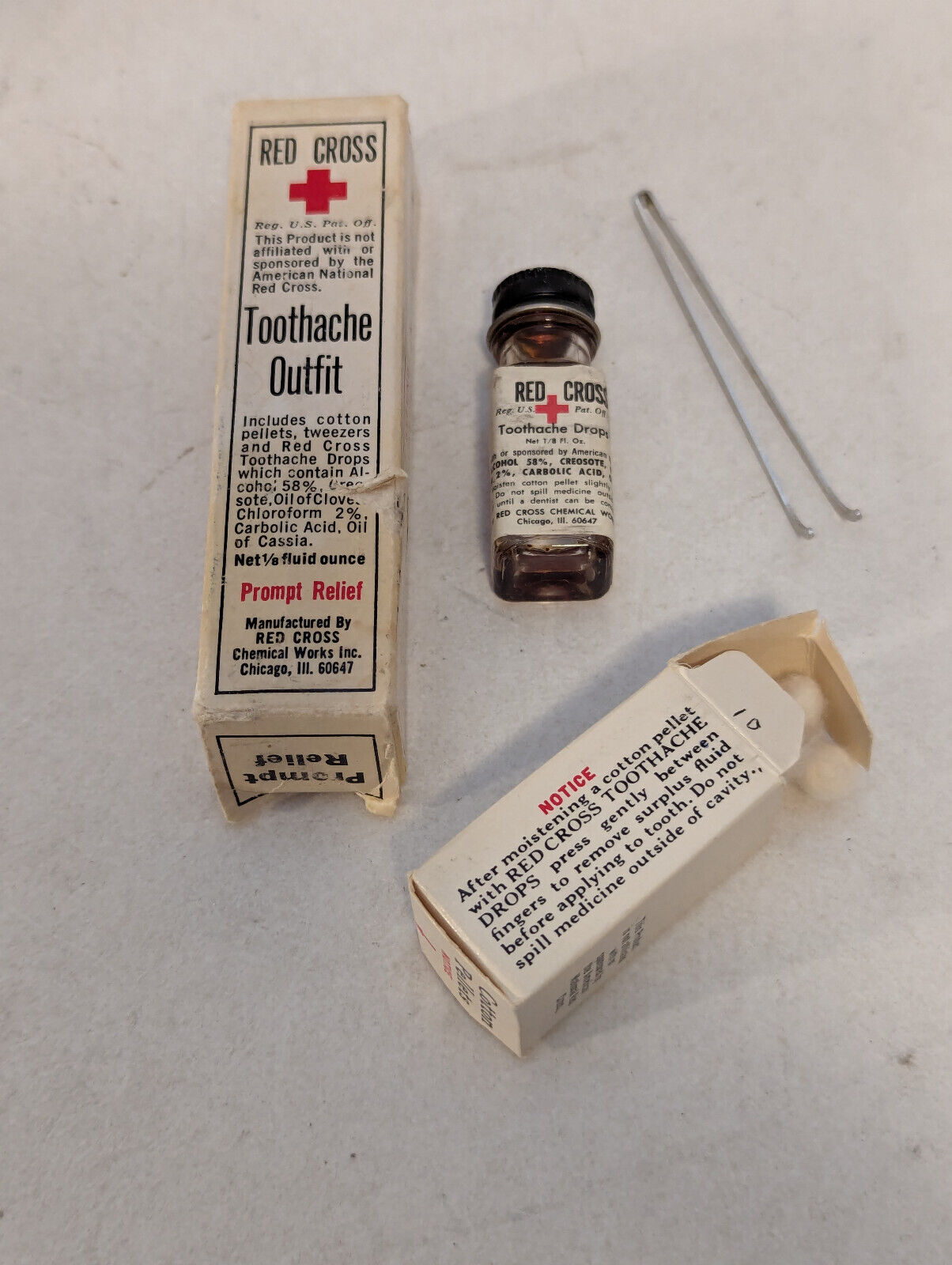 Vintage Red Cross Toothache Outfit  Tweezers, Ointment, Cotton All Original