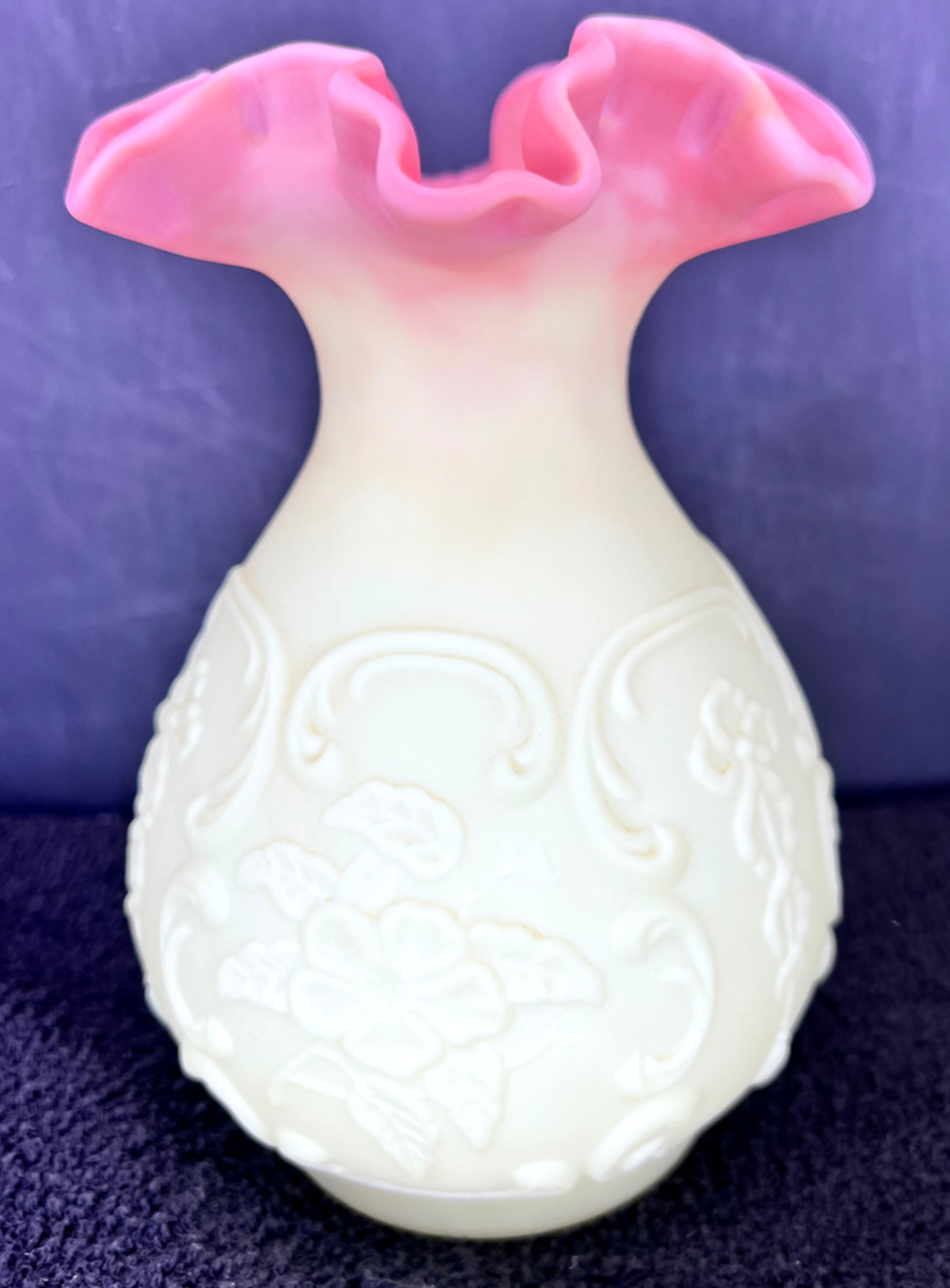 Vintage Fenton for LeVay Burmese Glass Ruffle Vase Wild Roses and Bowknot - 7.5\