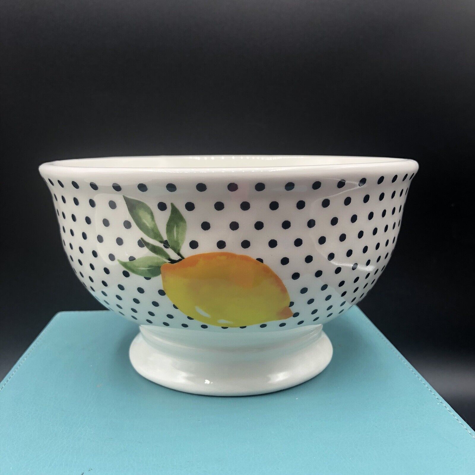 Adorable Large Ceramic Cypress Bowl Lemon And Black Polkadots￼ #3